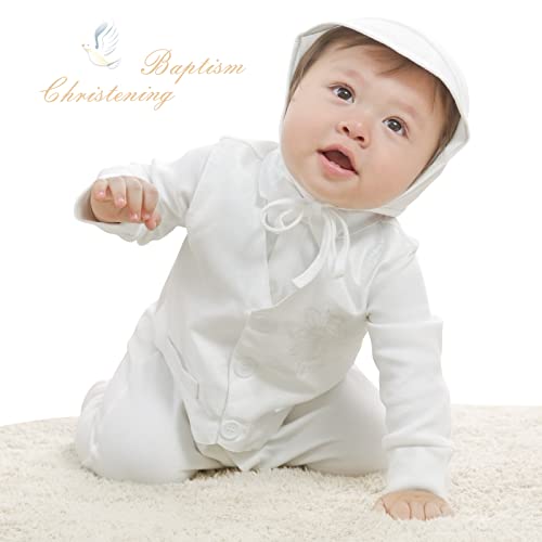 Booulfi Baby Boy Baptism Outfit Boys Christening Outfits Newborn Baby Boy Clothes 3 Pcs Romper Hat Bow Tie 3-6M #TOP4