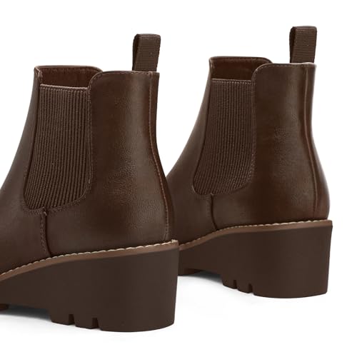 mysoft Women's Chelsea Wedge Booties Platform Lug Sole Elastic Low Wedge Heel Slip On Ankle Boots4