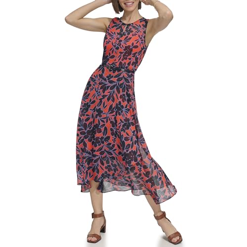 Image of Tommy Hilfiger Women's Sleeveless Keyhole Neck Chiffon Belted Hi-Lo Midi Dress