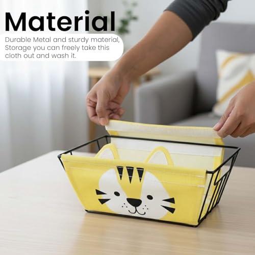Image of Go Hooked Cute Yellow Tiger Design Storage Basket for Kids | Strong Metal Wire Organizer with Detachable Fabric Liner | Multipurpose Basket for Toys, Fruits, Snacks, Bathroom, Wardrobe & Home Decor