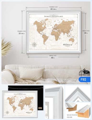 Image of IPIC - Framed Vintage World Map Canvas Wall Art, Personalized Push Pin Travel Map with Name and Message to Track Travels, Oversized Pinnable Wall Decor for Home, Office, Study or RV