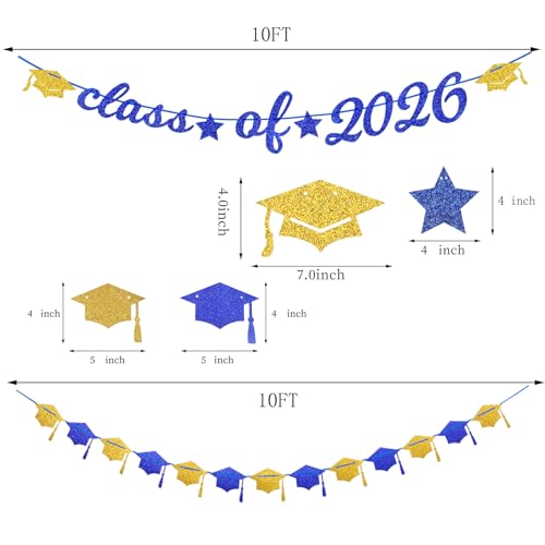 Image of Navy-Blue Gold-White Party-Decoration Graduation Banner - 14pcs Kits Cap Garland Streamers, Royal Paper Tissue Pom Poms Flowers Fans Honeycomb,Class Of 2026 College High School Grad Decor Hugfond