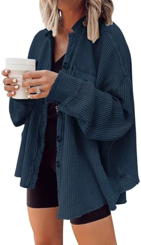 KELYWELL Women's Batwing Sleeve Waffle Knit Jacket Oversized Boyfriend Shacket Casual Button Down Jacket with Pockets