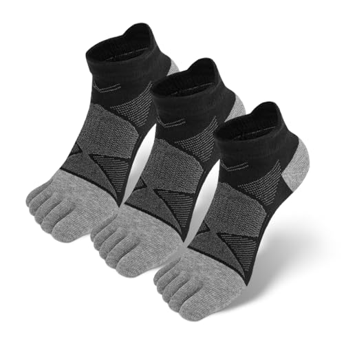 Image of PROBEROS 3 Pairs Mens 5-Toe Yoga Socks, Moisture-Wicking Cotton, Anti-Skid Towel Sole, Athletic Ankle Socks for Exercise, Running & Yoga