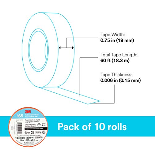 Image of 3M Temflex Vinyl Electrical Tape 165, 3 /4 in x 60 ft, Orange, 10 Roll Pack | Multi-Purpose, 19 mm x 18 m