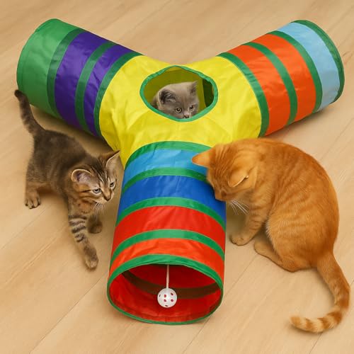 Túnel Interativo para Gatos em Y com 3 Entradas, Dobrável e com Bolinha – Estimula o Instinto e Redu