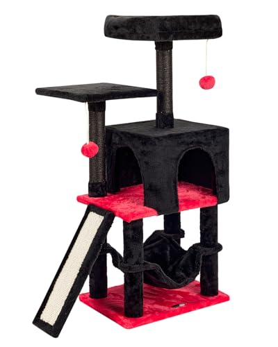 MIAO PAW Gothic Cut Cat Tree with Coffin Bed for Indoor Cats Cat Tower with Scratching Post Modern Activity House for Large Cats Condo with Board Kittens Cave Hammock Hanging Ball RED Black