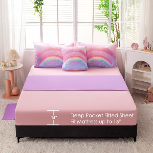 Image of Glitter Rainbow Queen Size Girls Bedding 6 Pieces Colorful Galaxy Comforter Set with Sheets Pink Purple Gradient Bed in A Bag for Kids Teen Girl (Glitter Rainbow, Queen)