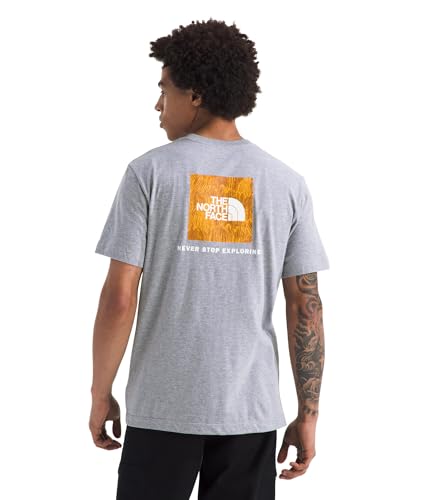 The North Face Men's Evolution Regenerative Ink Box NSE Short-Sleeve Tee | Regular Fit Cotton Shirt with Logo Graphic, TNF Pale Grey Heather/Summit Gold Regenerative Ink Print, XX-Large