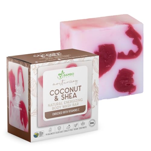 BAMBOEARTH Solid Moisturizing Body Wash Bar Soap – Natural Dry Gel Bodywash Shower Bars With Plant Based Essential Oil And Zero Waste Packaging - Use With Hair Shampoo & Conditioner (Coconut & Shea)