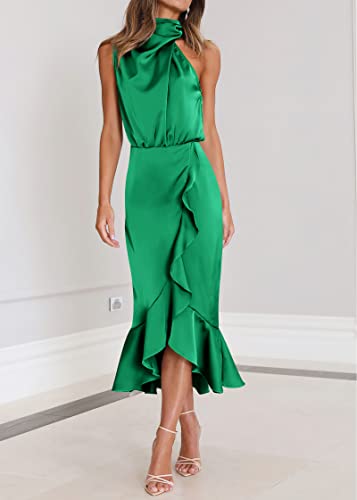 Image of KIRUNDO Women's Summer Satin Mock Neck Wedding Guest Dress | Party Cocktail Midi Dress, 2026 Spring Fashion, Silky, Elegant Classy Halter High Neck, Sleeveless Wrap Ruffle Formal Dress
