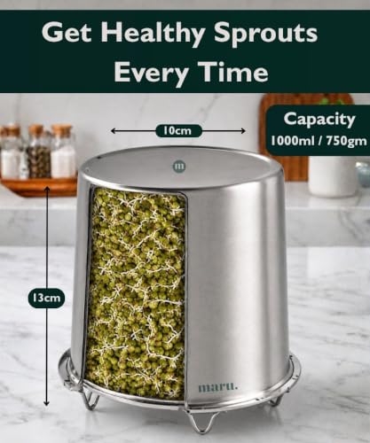 Image of Maru Steel Sprouts Maker 1000ml with Hole Mesh Lid & Drain Stand, Includes Airtight Lid for Storage Container, Plastic /BPA Free Sprouting Jar for Moong, Green Gram, Beans, Chickpeas, Seeds & Lentils