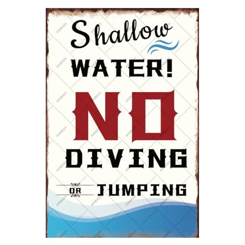 Ainbash Pool Decor Metal Tin Sign Pool Warning Metal Sign Vintage Pool Decor Shallow Water No Diving Or Jumping Tin Signs no diving pool sign pool tin signs Stickers Poster Bar Decor 8x12 Inch