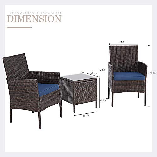 Crownland Patio Furniture 3 Piece Outdoor Bistro Table Set Wicker Chair For Backyard Porch Lawn Garden Balcony With Cushions And Glass Coffee Table All-Weather Patio Chairs(Brown/Navy) #TOP2