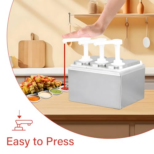 OCKYOOZ Sauce Dispenser Pump, 6L Stainless Steel Condiment Pump Dispenser, Condiment Pump Station with 3 Jars, Large Three Head Ketchup Dispenser