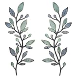 Gthiely 2 Pcs Metal Leaf Wall Decor - Vintage Blue Green Wall Art for Bedroom Living Room Bathroom Rustic Farmhouse Indoor Outdoor (Olive Branch, Each 15x6 inches)