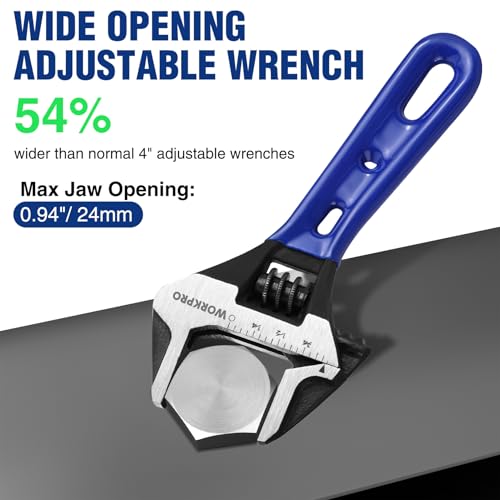 WORKPRO 4-Inch Stubby Adjustable Wrench, 0.94-Inch Extra Wide Jaw Opening Wrench, Metric/SAE Scales, Cr-V Steel, Ideal for Work in Confined Spaces by WORKPRO - Image 2