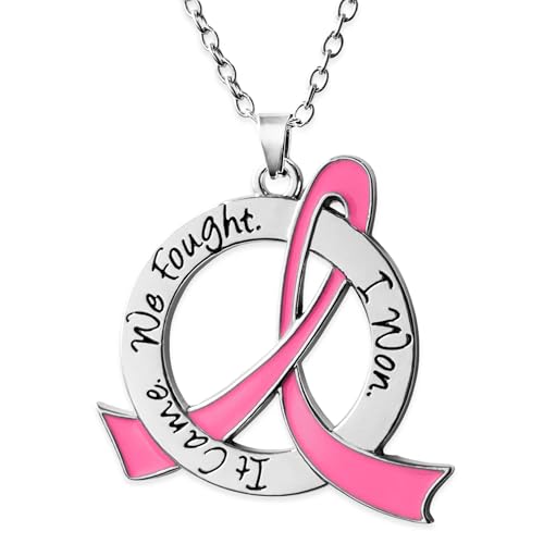 It Came We Fought I Won Awareness Ribbon Survivor Necklace Breast Cancer Gift for Women - Pink