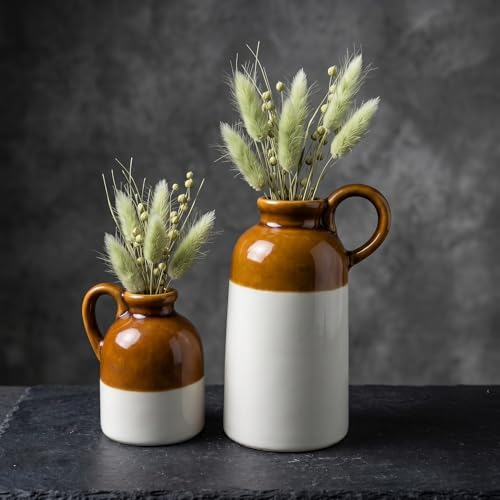 Image of PUREZENTO Ceramic 'Vintage Jar Vase' - Set of 2 (3.0 & 5.5 Inches) | Rustic Flower Vase for Pampas Grass, Dried Flowers & Table Decoration | Decorative Vase Set for Home Decor, Office, Living Room