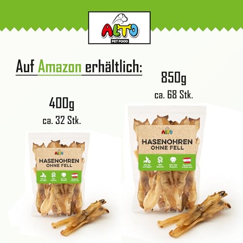 ALTO - Premium Hasenohren ohne Fell für Hunde - 400g Ganze Kaninchenohren ohne Fell für Hunde - Qualität aus Österreich - 100% Natürliches Hundeleckerli, Welpen Leckerlies
