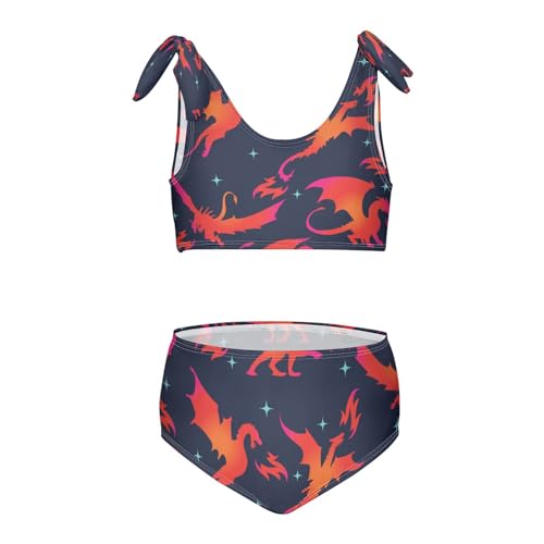 Girls Swimsuit Two Piece Swimwear Fire Dragon Star Pattern Bikini Set Beach Sport Bathing Suit for Girls 3-12T