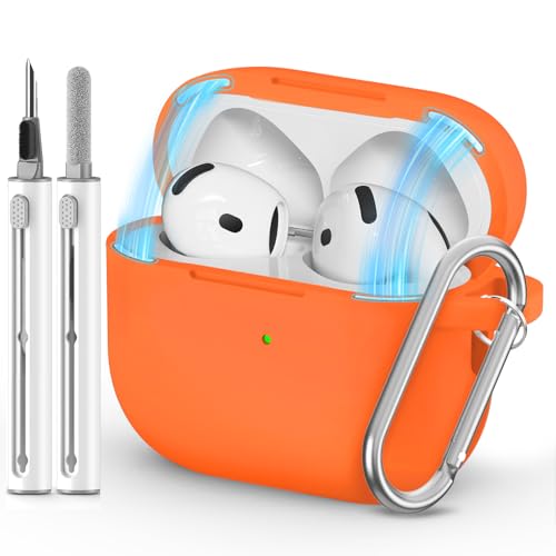Image of Ljusmicker for AirPods 4 Case 2024 with Magnetic Lock,Orange | Soft Silicone Protective Cover for Apple AirPods 4th Generation Case with Cleaner Kit & Keychain for Women Men,Shockproof