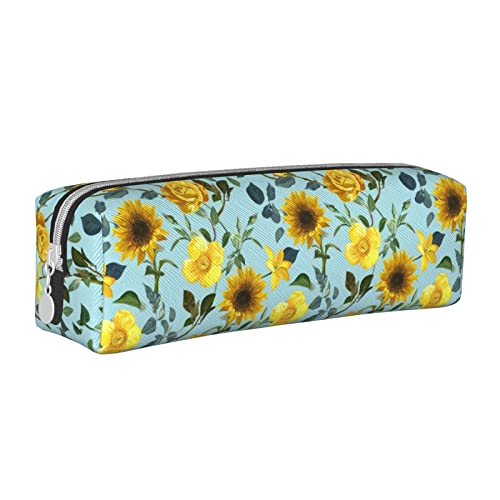 Girasole carino Astuccio per matite per penne per portatile con astuccio cosmetico con cerniera blu pelle