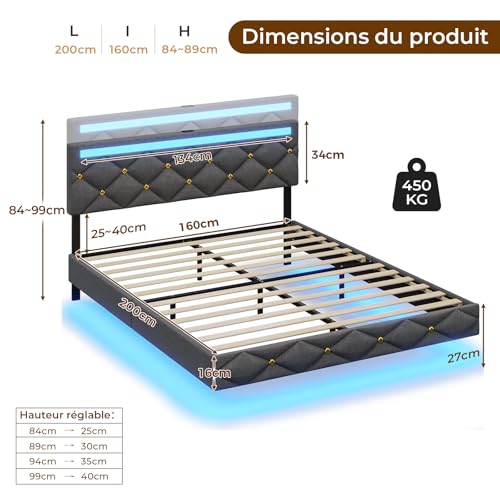 Lit 160x200 flottant LED + USB/Type-C, DICTAC