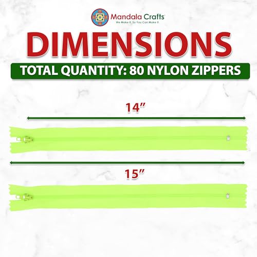 Image of Mandala Crafts 80 PCs Lime Green Closed-End 14 in Nylon Zippers for Sewing