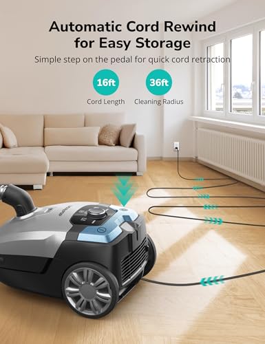 Image of Aspiron Canister Vacuum Cleaner,1700W 45KPA Bagged Canister Vacuum,6QT Large Capacity,HEPA Filter,Auto Cord Rewind,Low Noise,Variable Power Control,8M Cleaning Radius for Hard Floor,Pet Hair,Carpet