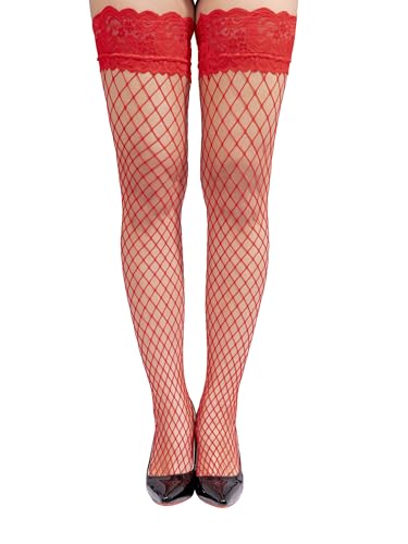 Image of Sacina Floral Red Lace Red Thigh High Stockings, Red Lace Fishnet stockings, Elastic Hosiery Tights, Gothic Accessories