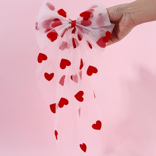 Lazos de cabello Valentine rojo con clip grande con largas colas, malla blanca y corazón rojo, listón de cabello en forma de corazón para mujeres y niñas miniatura 3