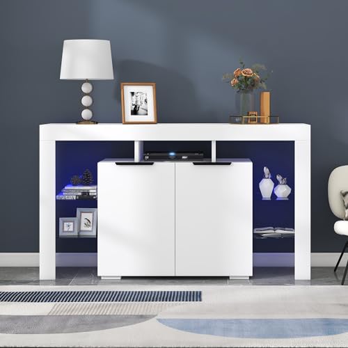 VIVCA Aparador LED brillante con 4 estantes de cristal y 2 puertas, vitrina para salón, entrada.
