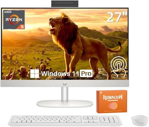 HP 27 inch FHD All in One Touchscreen Desktop Computer, AMD Ryzen AI 7 350 (8-Core), 32GB DDR5, 2TB SSD, Copilot AI, Wi-Fi 6, Bluetooth 5.4, Wireless Keyboard & Mouse, Windows 11 Pro, Accessories