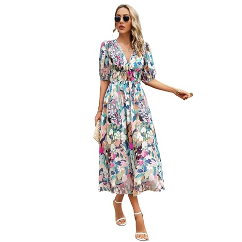 Robe longue cintrée imprimée à taille élastique masquant les imperfections avec élégance