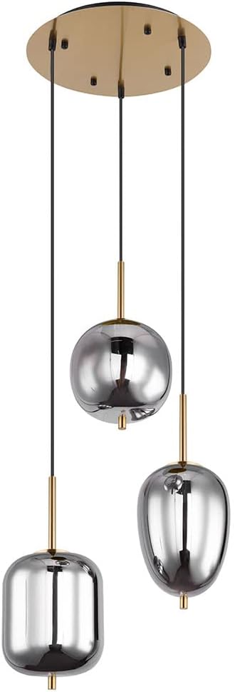Globo 3 lampen hanglamp BLACKY rookglas kogellamp met 46cm lampkap messing