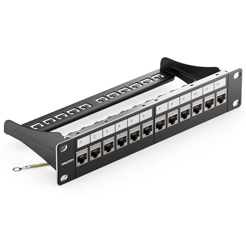 deleyCON 12 Port CAT 8 Patchpanel Set Verteilerfeld Patchfeld 10" Zoll 1 HE + 12x RJ45 Keystone Jack Modul CAT8 40 Gbit/s 2000 MHz Kompatibel mit Verlegekabel CAT7 CAT-8 Ethernet Netzwerkkabel