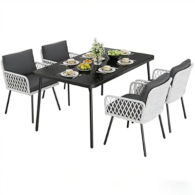 GarveeLife 5 Piece Patio Dining Set, Outdoor All-Weather Wicker Furniture with Table, Patio Conversation Sets with Cushions for Balcony, Garden, Sunroom, Porch (4 Chairs+ Big Table)