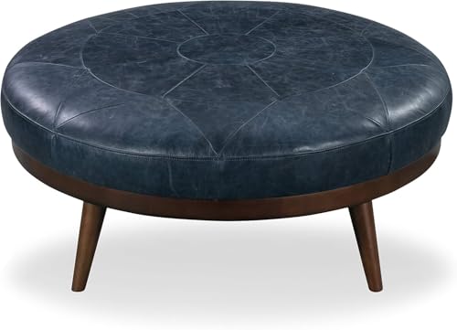 Image of POLY & BARK Gio Ottoman - 30 inch Round with Feather-Down Topper - Full-Grain Leather Upholstery - Couch Ottoman for Living Room - Vintage Italian Leather in Midnight Blue