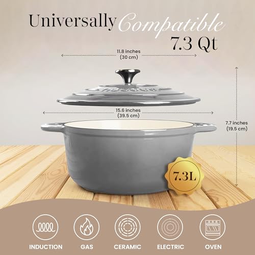 Image of Cast Iron Dutch Oven with Lid - Non-Stick Ovenproof Enamelled Casserole Pot- Sturdy Dutch Oven Cookware - Grey, 7.3- Quart, 30cm- by Nuovva