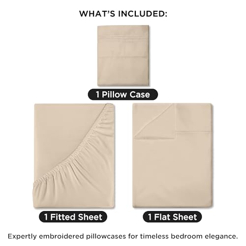 Image of ROYALE LINENS 3 Piece Twin Sheets Set - Soft Brushed 1800 Microfiber Bedding - 1 Fitted and 1 Flat Sheet, 1 Pillow case - Wrinkle Free & Fade Resistant - Hotel Luxury Bed Sheets Set (Sand, Twin)