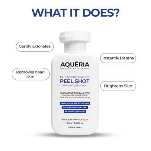Image of Aqueria 10% Instant De-Tan Enzyme Peel Shot for gentle Exfoliation with Niacinamide, Rice Water & Lactic Acid | Instant Tan Removal & Dead Skin Removal Exfoliating Gel | Brightens Skin, Removes Build-Up & Reveals Instant Glow | For Dark Neck, Knees, Elbows & Sun Tan | Suitable for All Skin Types | 100ml