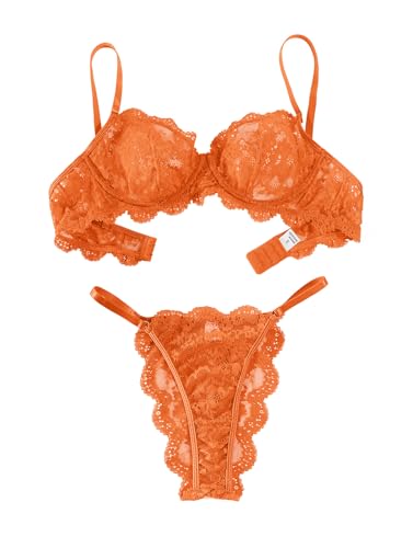 Lilosy Sexy Underwire Push Up Scallop Floral Lace Sheer Lingerie Set for Women Bra and Panty 2 Piece4