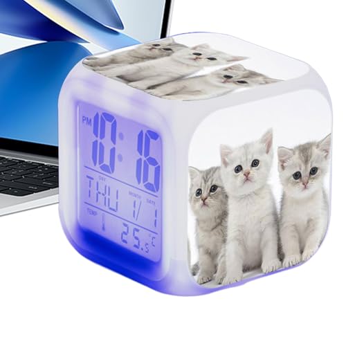 猫の目覚まし時計 | キューブデジタル置時計 電子カラフル目覚まし時計、大画面電子カラフル目覚まし時計、教室、リビングルーム用猫時計