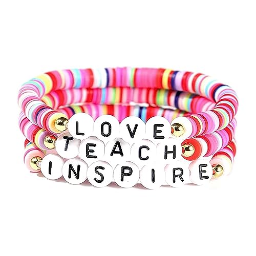 Handmade Bohemian Beaded Teacher Bracelet Colorful Ploymer Clay Love Teach Inspire Beaded Stretch Letter Bracelets for Women Girls Teacher Appreciation Gifts