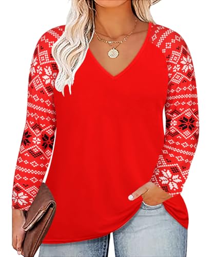 Image of TIYOMI Plus Size Tops for Women Raglan Long Sleeve V Neck T Shirts Casual Color Block Leopard /Floral Tops Winter Tee Shirt