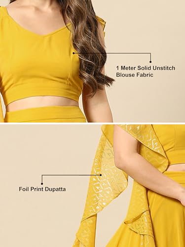 TRENDMALLS Yellow Semi-Stitched Crop Top Lehenga Choli with Foil Print Dupatta For Women (L254-Yellow-) - Thumbnail 6