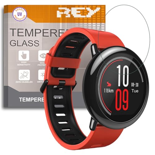 REY Protector de Pantalla para XIAOMI AMAZFIT Pace, Cristal con Doble Protección UV, Vidrio Templado Premium 9H+