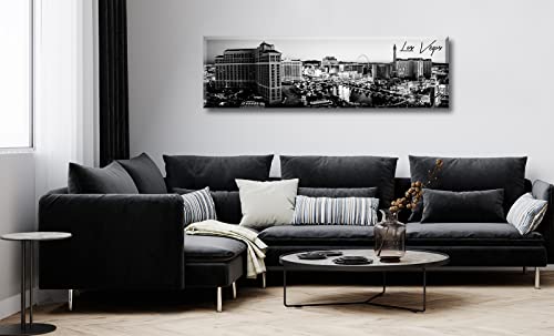 Image of Las Vegas Skyline Wall Art for Living Room American Cityscape Canvas Prints Black and White City Bellagio Fountain Skyscraper Night View Panoramic Pictures Modern Building Poster Framed 13.8 inchX47.3 inch