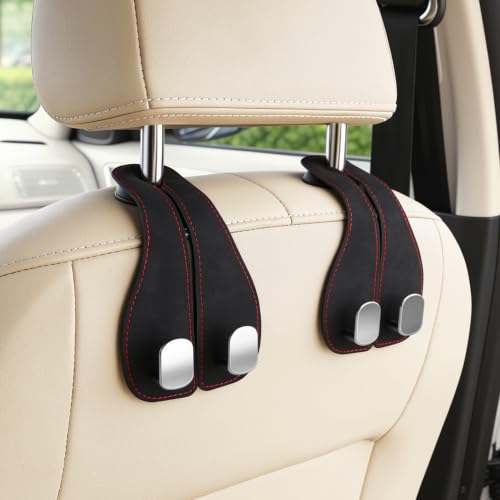 SINGARO 2PCS Car Purse Holder Hook Seat Back Storage Hook Leather-Wrapped Alloy Double Headrest Hook for Purses & Bags Cute Car Interior Accessories for Women and Men Black